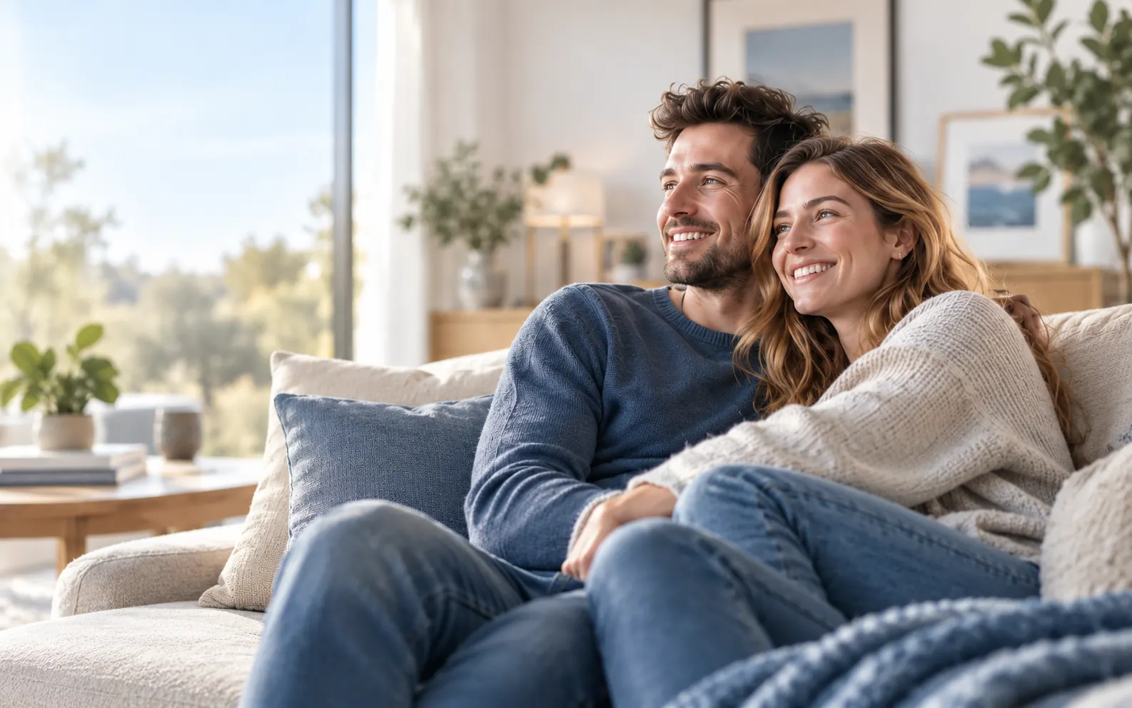 Couple souriant dans un salon lumineux